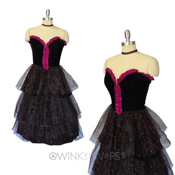 Gunne Sax Vintage 80s Velvet Ruffle Midi Prom Dress Size S Black Purple Sparkle - Picture 1 of 8